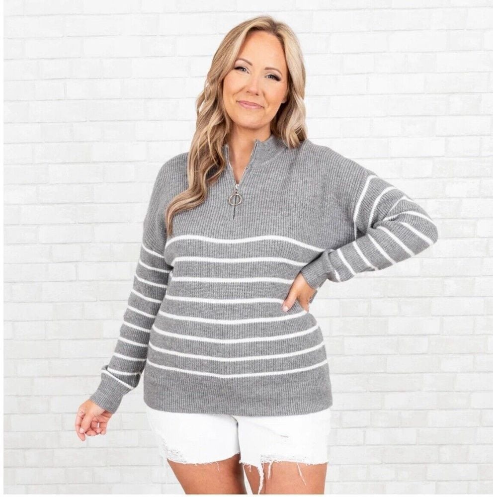 NEW Sweater Grey, White‎ Warm Partially Striped XL quarter Zip, Heavy NWOT